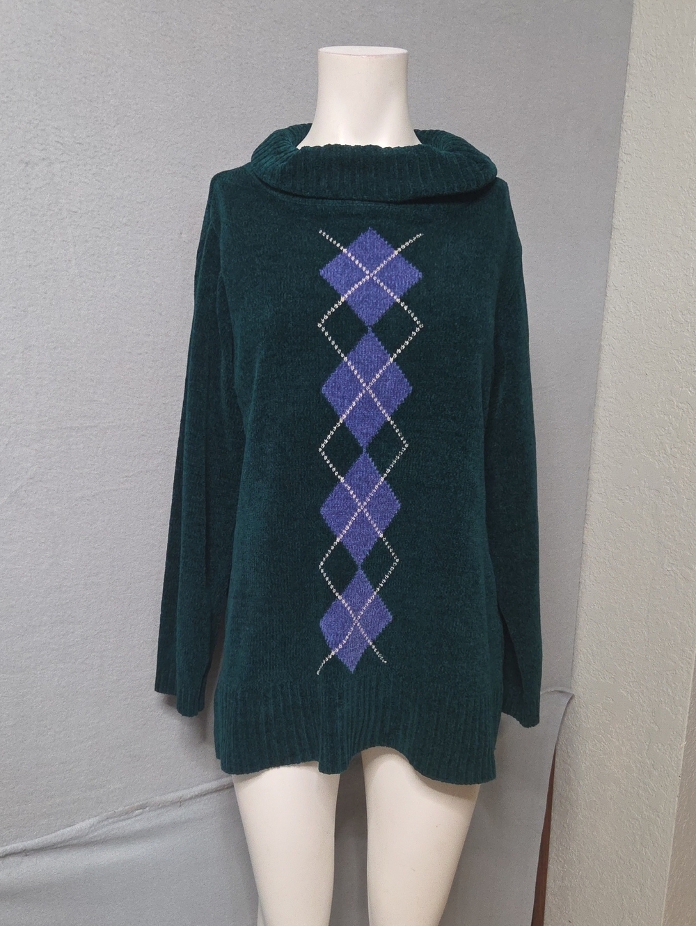 Vintage Dark Green Chenille Argyle Cowl Neck Sweater Tunic Small Sz.